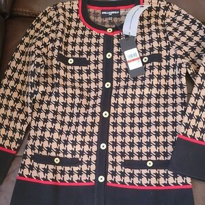 Karl Lagerfeld Black and Tan Houndstooth Cardigan Sweater with Red Accents XS
